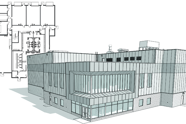 CAD Rendering of MatEx building with a blueprint in the background
